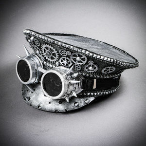 Steampunk Burning Man Spike Goggles Captain Hat - Silver